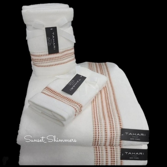 6pc TAHARI Rust Tan Ombre Dot Stripe Luxury Plush Bath Hand Tip Towel Set